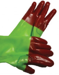 GLOVES PVC 40CM GREEN WITH RED TIP FINGERS